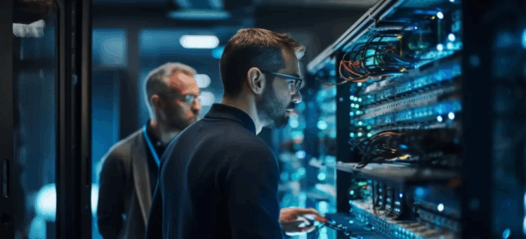 Administrator IT monitorujący bezpieczeństwo serwera w centrum danych